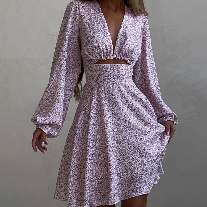 Women Clothing Summer Long Sleeve V neck pirational Design Dress Slimming Printed French Dress