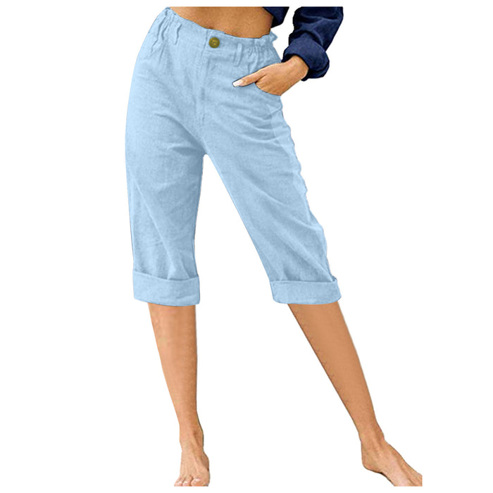 Women Clothing Cropped Pants Solid Color Cotton Linen Loose High Waist Casual