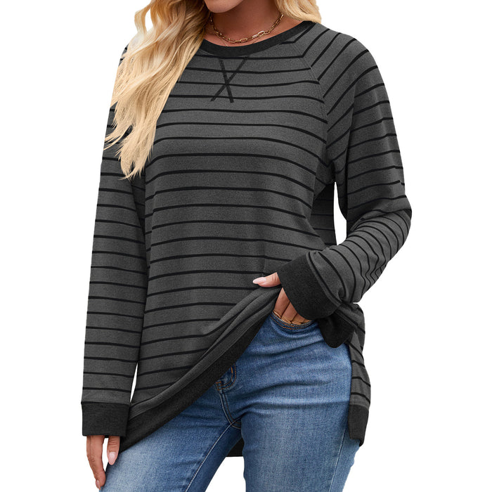 Autumn Winter Striped Contrast Color Round Neck Long Sleeve Loose Fitting Casual T Shirt Women