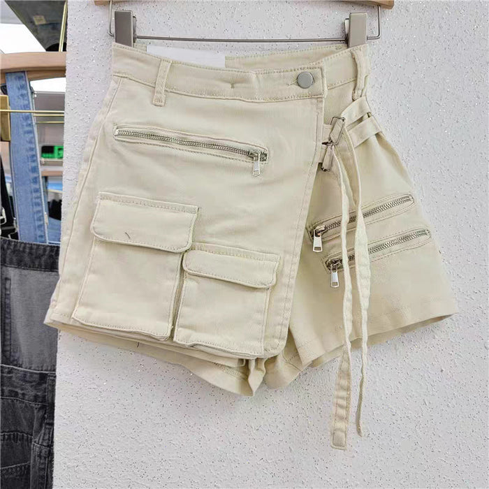 Korean Irregular Asymmetric Multi Pocket Workwear A Line Shorts Women Loose Wide Leg Summer Lace Up Denim Skirted Leggings