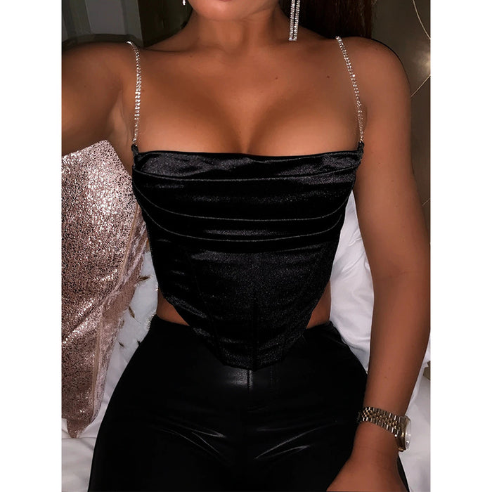 Women Clothing Boning Corset Top Summer Sexy Sexy Rhinestones Pleated Sexy Ultra Short Night Club Slip Vest