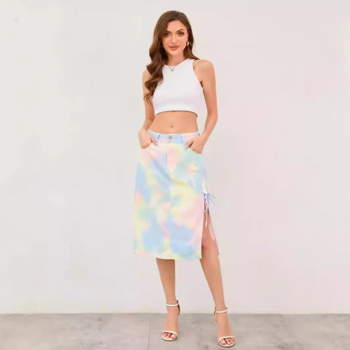 Summer Tie Dye Gradient Macaron Color Denim Skirt Mid High Waist