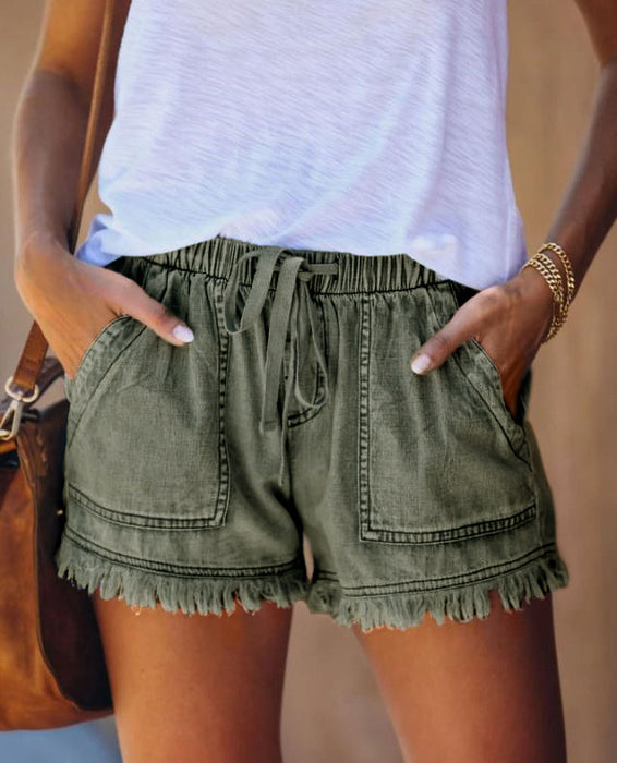 Summer New Elastic Waist Drawstring Casual High Waist Slimming Denim Shorts for Women