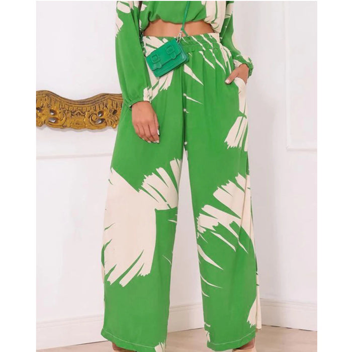 Women Clothing Casual Printing Short round Neck Top High Waist Wide Leg Pants Two Piece Set