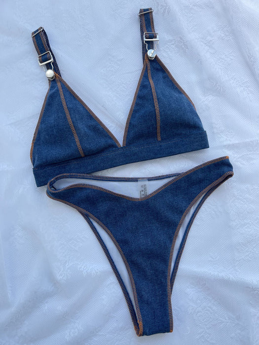 Women Swimsuit Sexy Bikini Denim Blue Solid Color