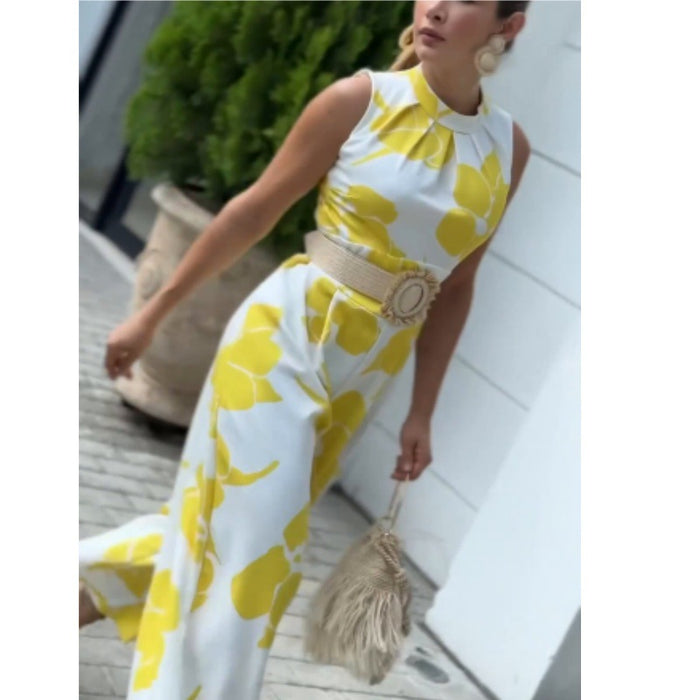 Women Clothing Early Spring Arrivals Printed Sleeveless Women Wide Leg Jumpsuit