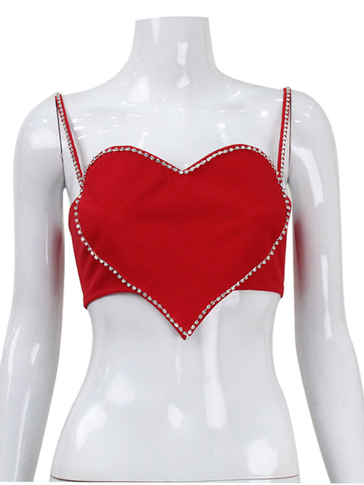 Women Clothing Sexy Heart Shape with Diamond Bandeau Sling Short Vest Cropped Sexy Top for Women