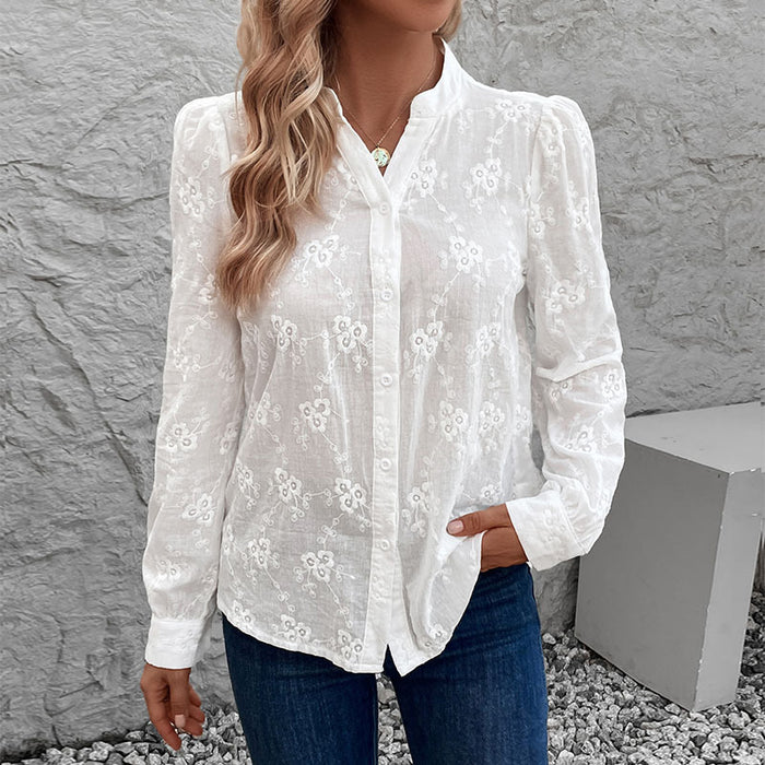 Women Clothing Cardigan Shirt Long Sleeve Hollow Out Cutout out Lace Tops Jacquard Shirt