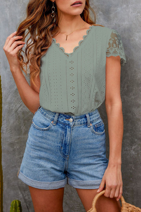 Spring Summer Lace Hollow Out Cutout out V-neck Casual Women T shirt