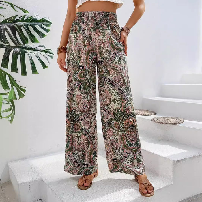 Women Clothing Summer All Match Printed Elastic Waist Wide Leg Pants