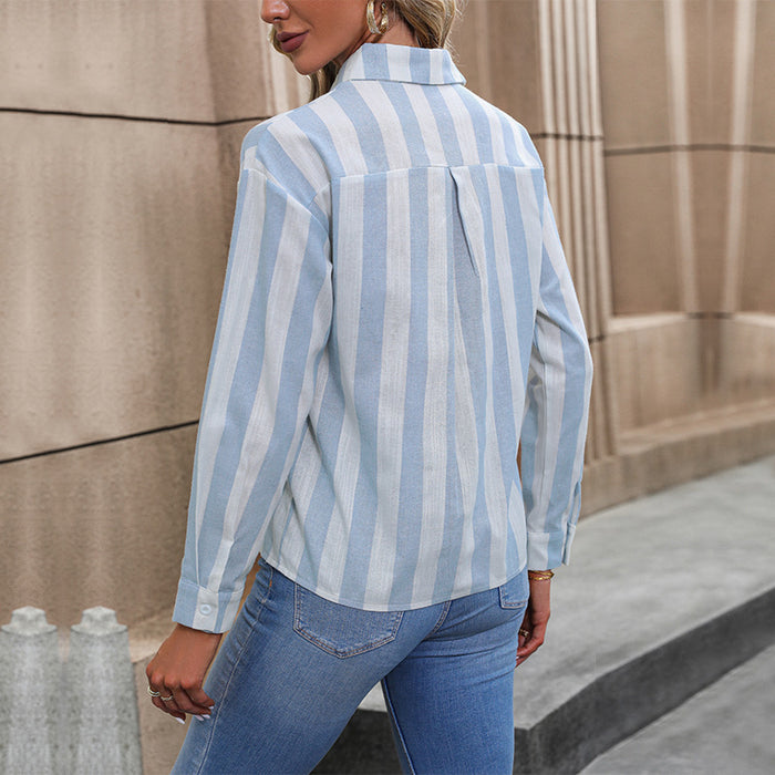 Fall Women Clothing Cardigan Long Sleeve Office Striped Shirt