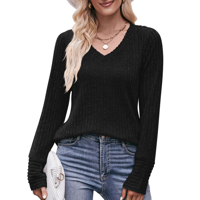 Women Long-Sleeved T-shirt Brushed Sunken Stripe V-neck Solid Color Top