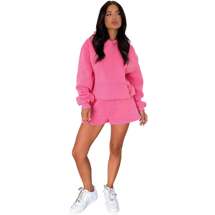 Autumn Winter Solid Color Long-Sleeved Hooded Sweaters Women Clothing Two Piece Casual Shorts sets