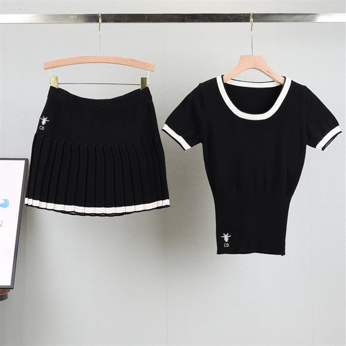 South Korea Contrast Color Striped round Neck Top Pleated Skirt Set Women Niche Characteristic Waist Tight Two Piece Sets