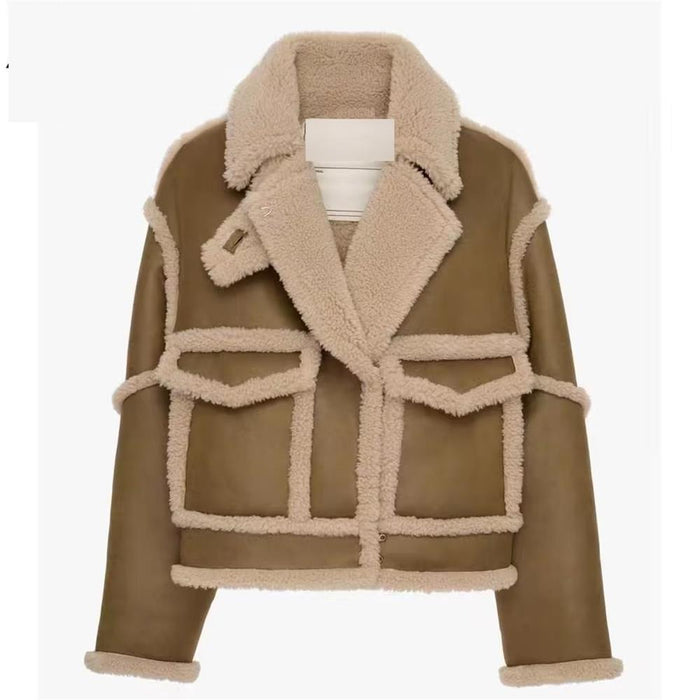 Women Clothing Autumn Winter Artificial Blend Faux Shearling Jacket Long Sleeve Collared Warm Coat