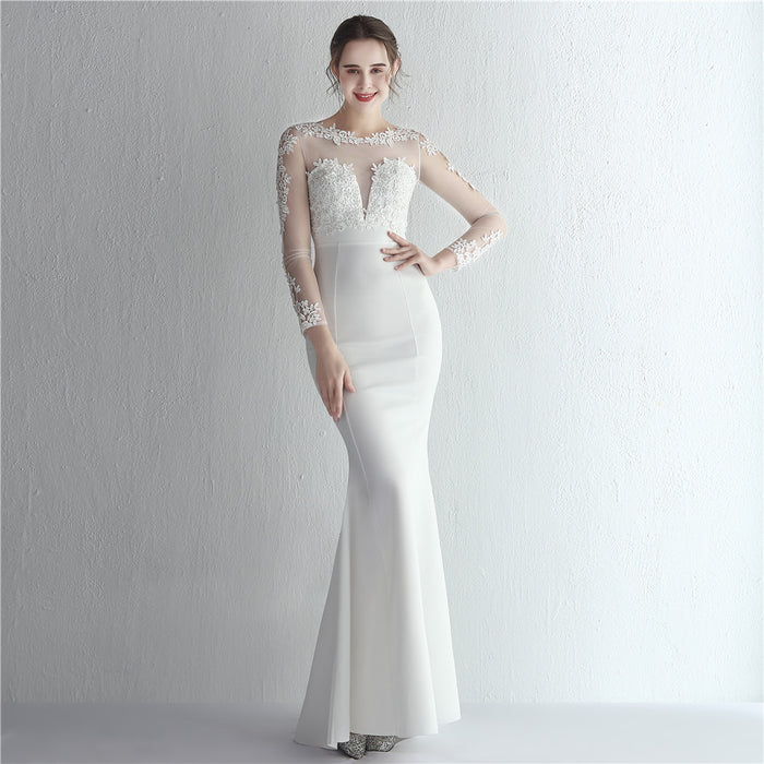 Satin Rhinestone Lace Overweight-Shaped Hand Bride Long Long Sleeve Appreciation Dinner Fishtail Evening Dress