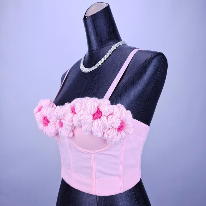 Pink Sweet Girl Knitted Outer Bra Crocheted Floral Inner Wear with Coaster Boning Corset Bra Bra Small Sling