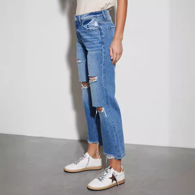 Summer Slimming Cotton High Waist Straight Cropped Jeans