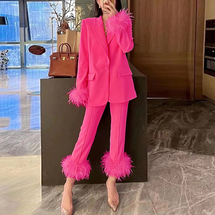 Spring Autumn Internet Ostrich Feather Suit Two Piece Set Elegant Dress Women Pants Suit