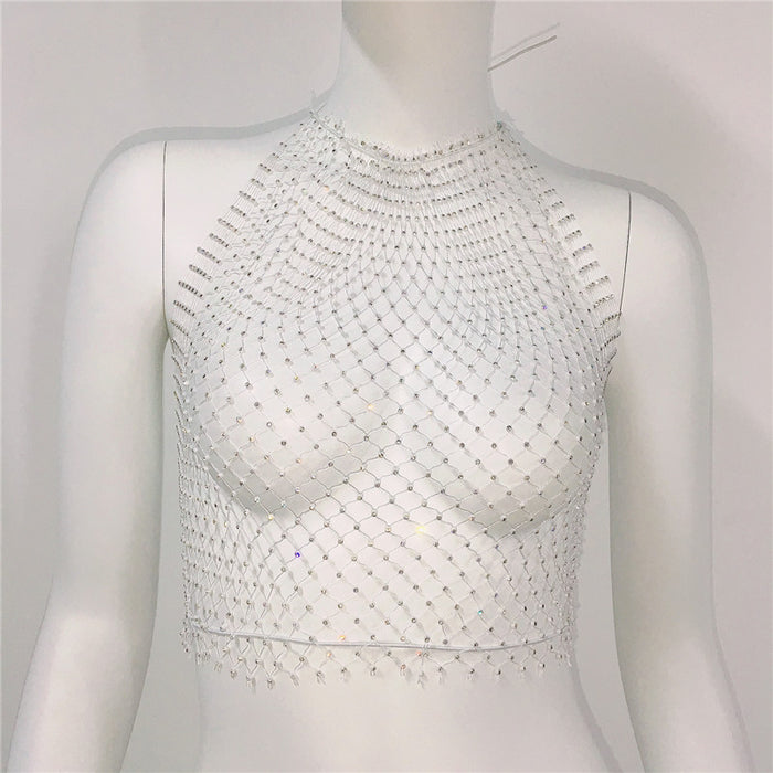 Women Clothing Grid Rhinestone Fishnet Halter Spaghetti Straps Sexy Cutout Sexy Sling Women