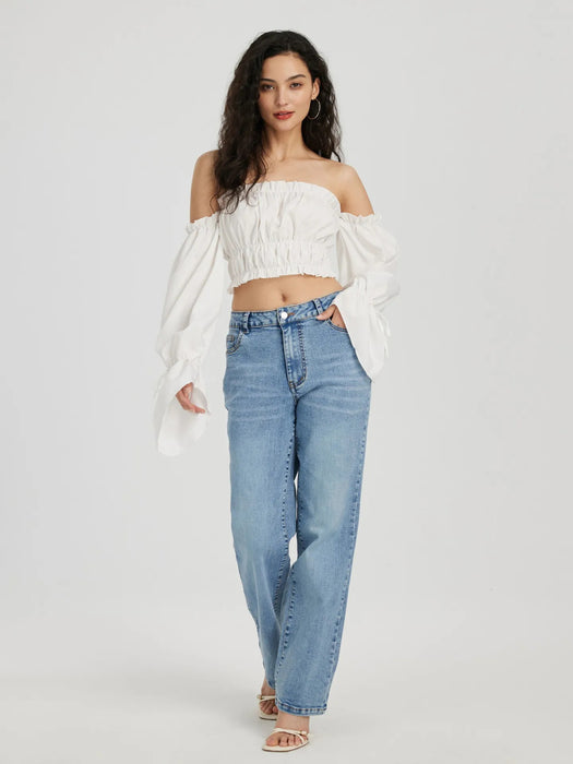 Trendy Micro Elastic Denim Trousers Women Straight Simple High Waist Trousers