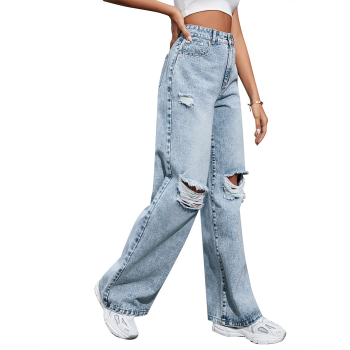 Casual Women Clothing Holes High Waist Wide Leg Pants Casual Denim Trousers Tide