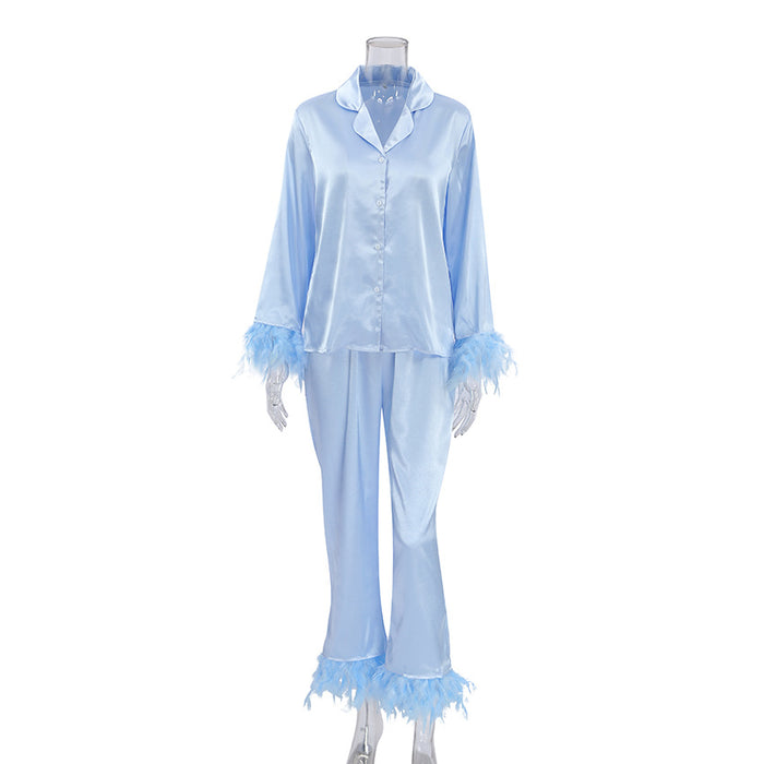 Summer Thin Satin Ice Silk Pajamas Suit for Women Solid Color Feather Can Be Outerwear Homewear