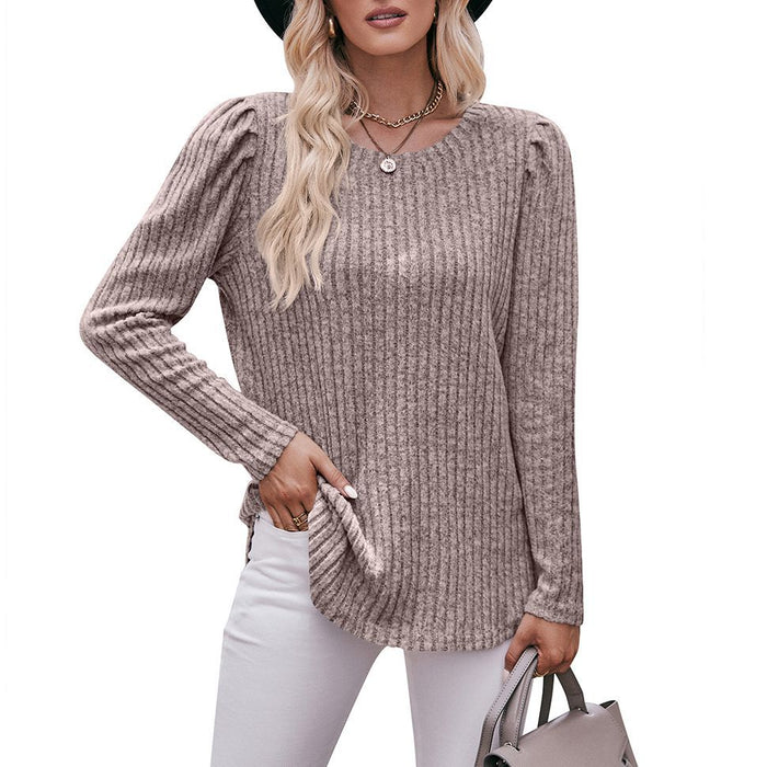 Women round-Neck Puff Sleeve Brushed Sunken Stripe Solid Color Upper Clothes Long Sleeves T-shirt