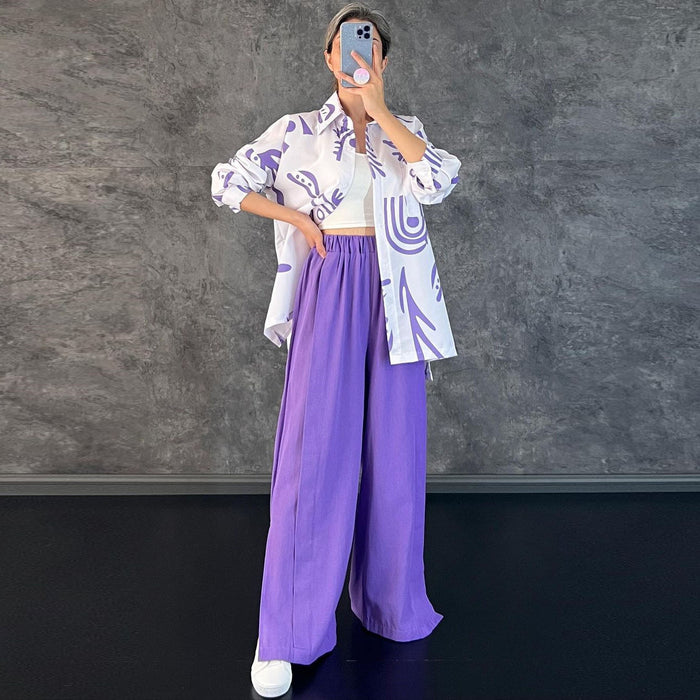 Women Clothing Casual Long Sleeve Printed Shirt High Waist Slit Wide Leg Pants Set