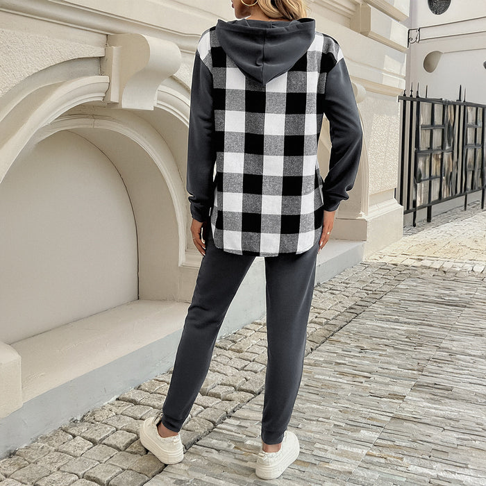 Autumn Winter Women Clothing Casual Contrast Color Plaid Hooded Sweater Ankle Tied Trousers Suit