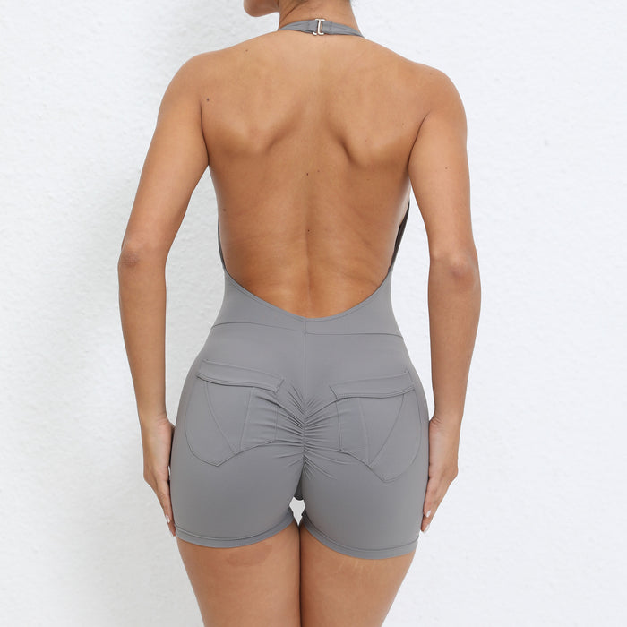 Halter Pocket Nude Feel Hip Lifting Beauty Back Yoga Jumpsuit Women Backless Fitness Sports Tight Jumpsuit