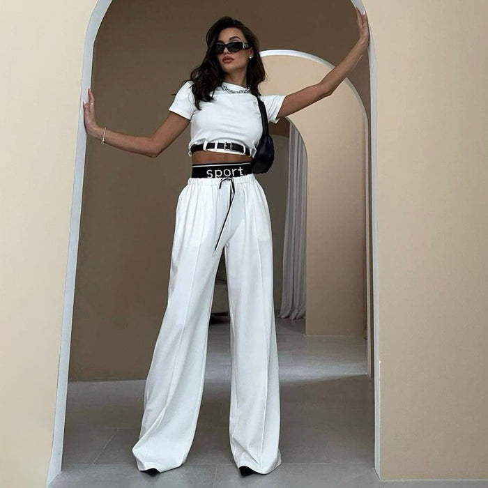 Short Sleeve Women Clothing High Grade Spring Cropped Belt Decorative Small Top Double Waist Sweatpants Two Piece Set