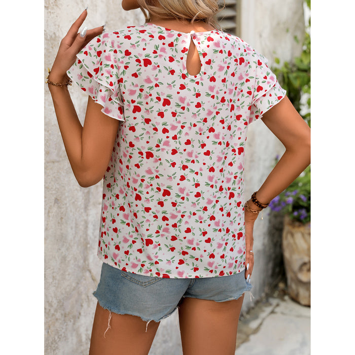 Tops Women Summer Ruffle Sleeve Heart Printing T shirt