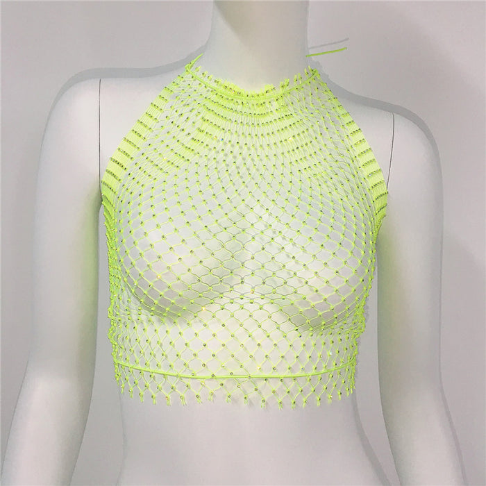 Women Clothing Grid Rhinestone Fishnet Halter Spaghetti Straps Sexy Cutout Sexy Sling Women