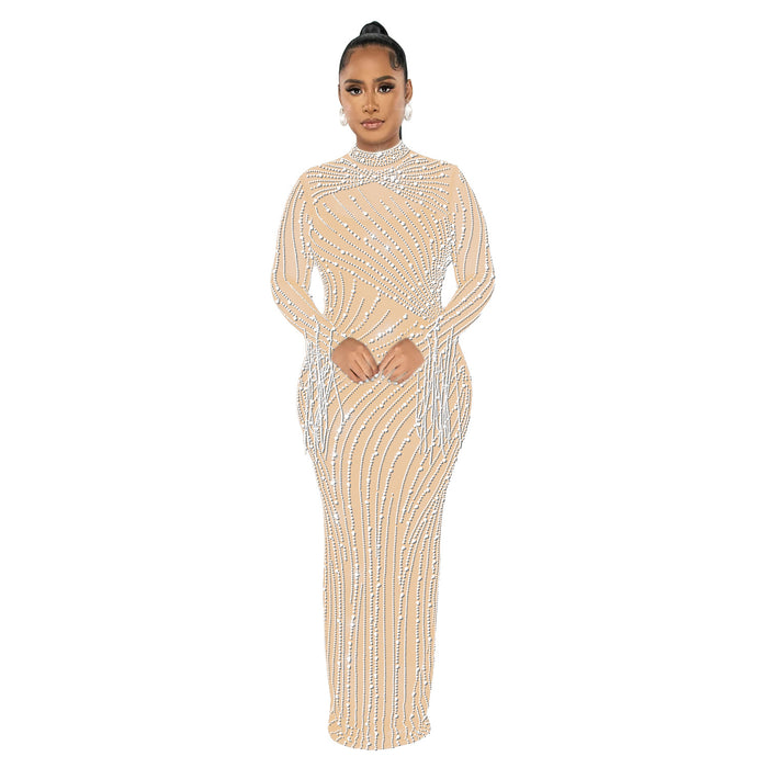 Women Wear Mesh See Through Drilling Long Sleeve Lining Two Piece Set