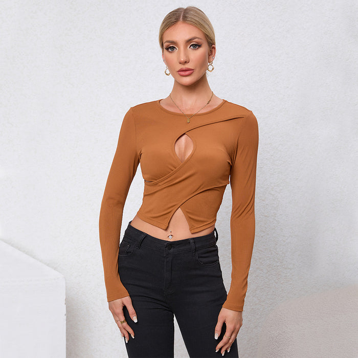 Sexy Cross Round Neck Long Sleeve Knitted Women Autumn Solid Color Slim Fit Waist Trimming Short Slimming Bottoming Shirt Top