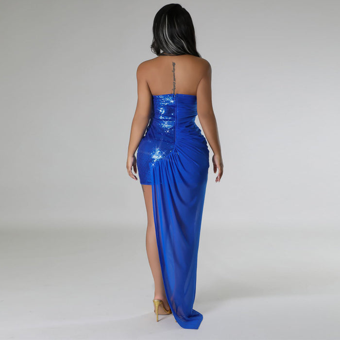 Women Clothing Sequ Dress Split Sequin Strapless Dress