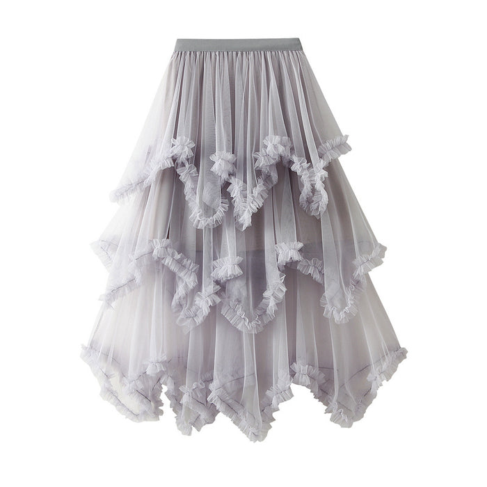 Wooden Ear Irregular Asymmetric Mesh Tiered Skirt Mid Length High Waist Big Swing Puffy Fairy Gauze Dress Long Skirt