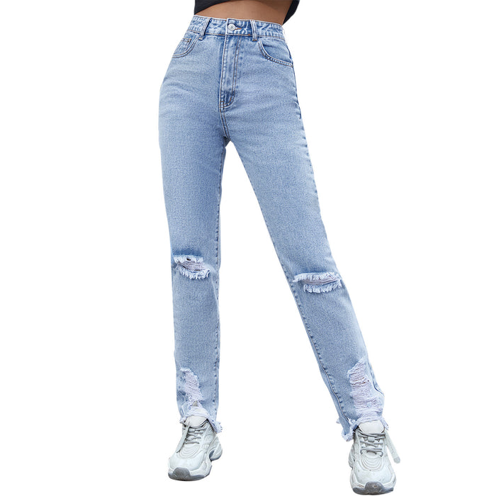 Casual Light Blue Ripped Denim Trousers Women Skinny Slimming Skinny Pants