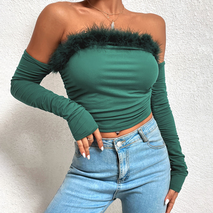 Women Summer Retro Fur Collar Tube Top Long-Sleeved Shirt off-Neck Backless off-Shoulder Top