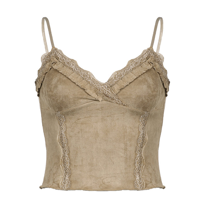 Suede Lace Stitching Sexy Sling Vest Sexy Small V neck Push up Sexy Sexy Inner Wear Top