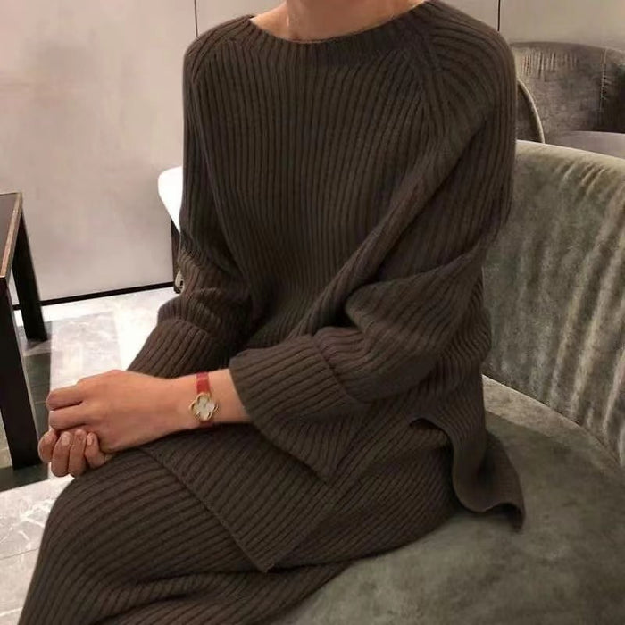 Solid Color Split Sweater Wide Leg Pants Two Piece Set Women Spring Loose Spring Autumn Knitting Suit