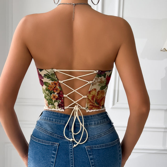 Street Retro Floral Print Corset Flounce Trim Lace Up French Minority Boning Corset Vest