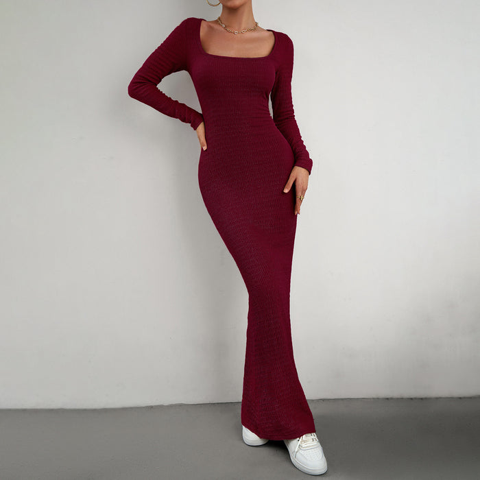 Women Clothing Sexy Autumn Slim Fit Square Collar Long Sleeve Knitted Dress