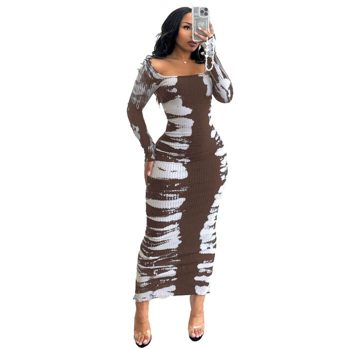 Women Sexy Elastic Hip Back Slit Printed Bodycon Dress