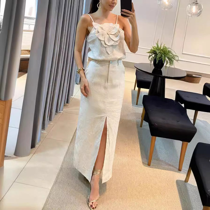 Spring Summer Three Dimensional Floral Strap Top Pocket Skirt Cotton Linen Set Women