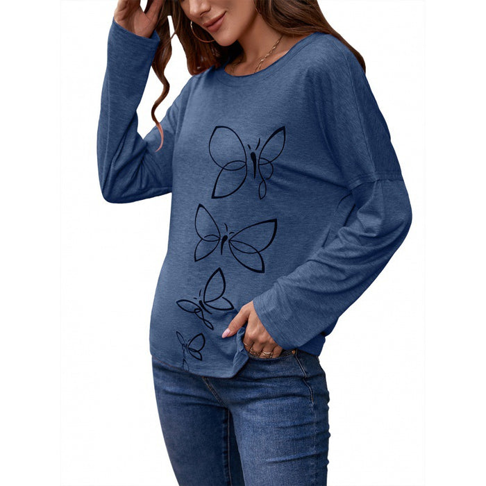 Printed round Neck Long Sleeve Pullover Loose Casual Underwear T-shirt Top Women