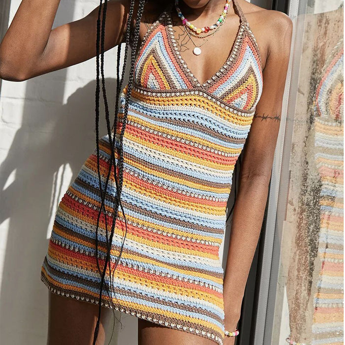 Women Dress Halter Dress Deep V Plunge Sexy Backless Knitted Dress Woolen Striped Dress