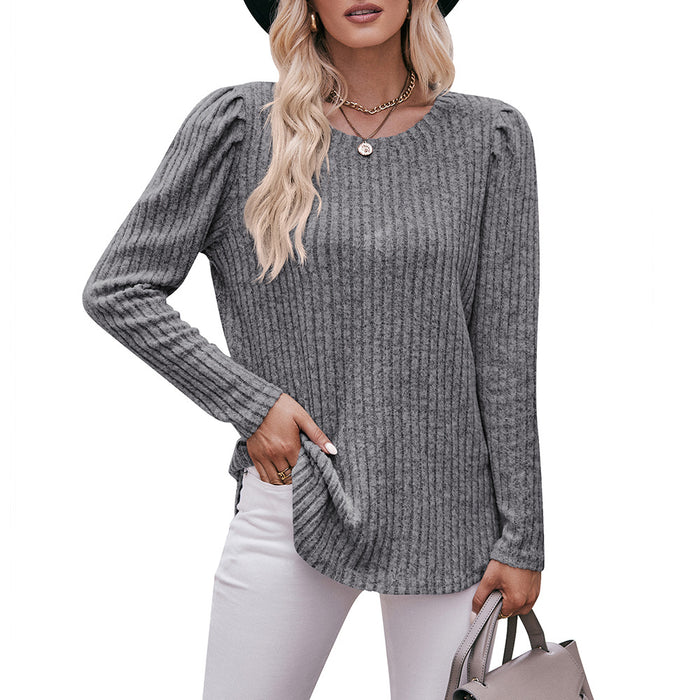 Women round-Neck Puff Sleeve Brushed Sunken Stripe Solid Color Upper Clothes Long Sleeves T-shirt