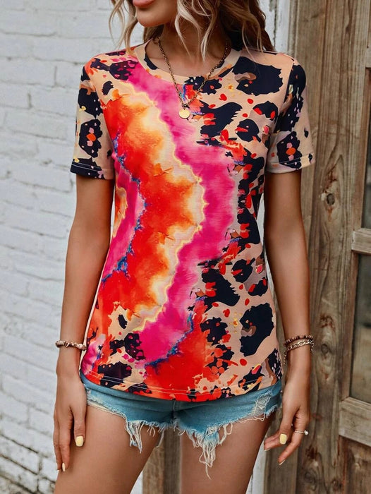 Women Clothing Summer Painted Positioning Floral Short Sleeve Slim Top Women